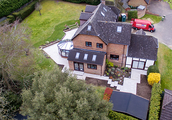 Aerial side view showing steps and new patio and planting